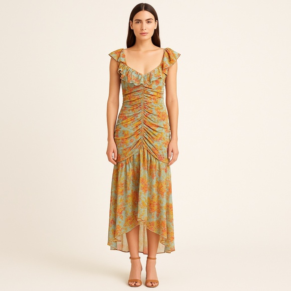 ASTR The Label Floral Ruffle Ruched Maxi Dress XS Blue Orange Boho Romantic - Picture 1 of 10
